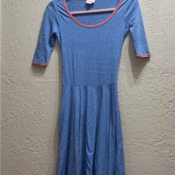 LuLaRoe Nicole Dress XXS Blue Heather Coral Trim - Picture 2 of 8